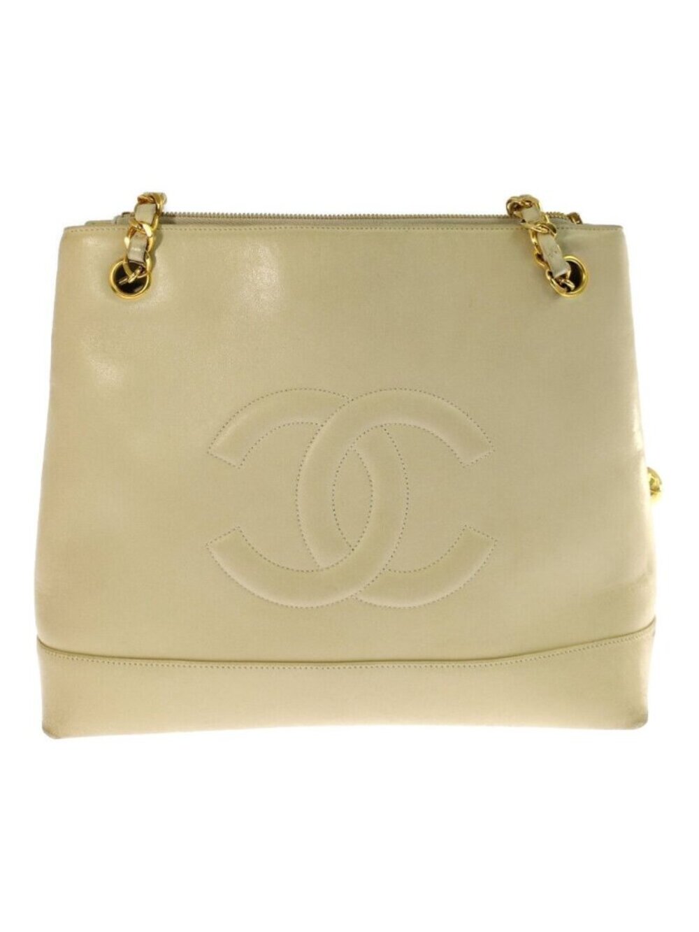 Chanel Lambskin CC Logo Chain Shoulder Bag Beige Jumbo CC Gold Vintage